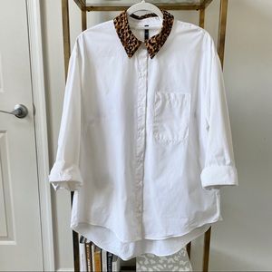 Zara | Oversized White Button Down with Leopard Collar | NEW!
